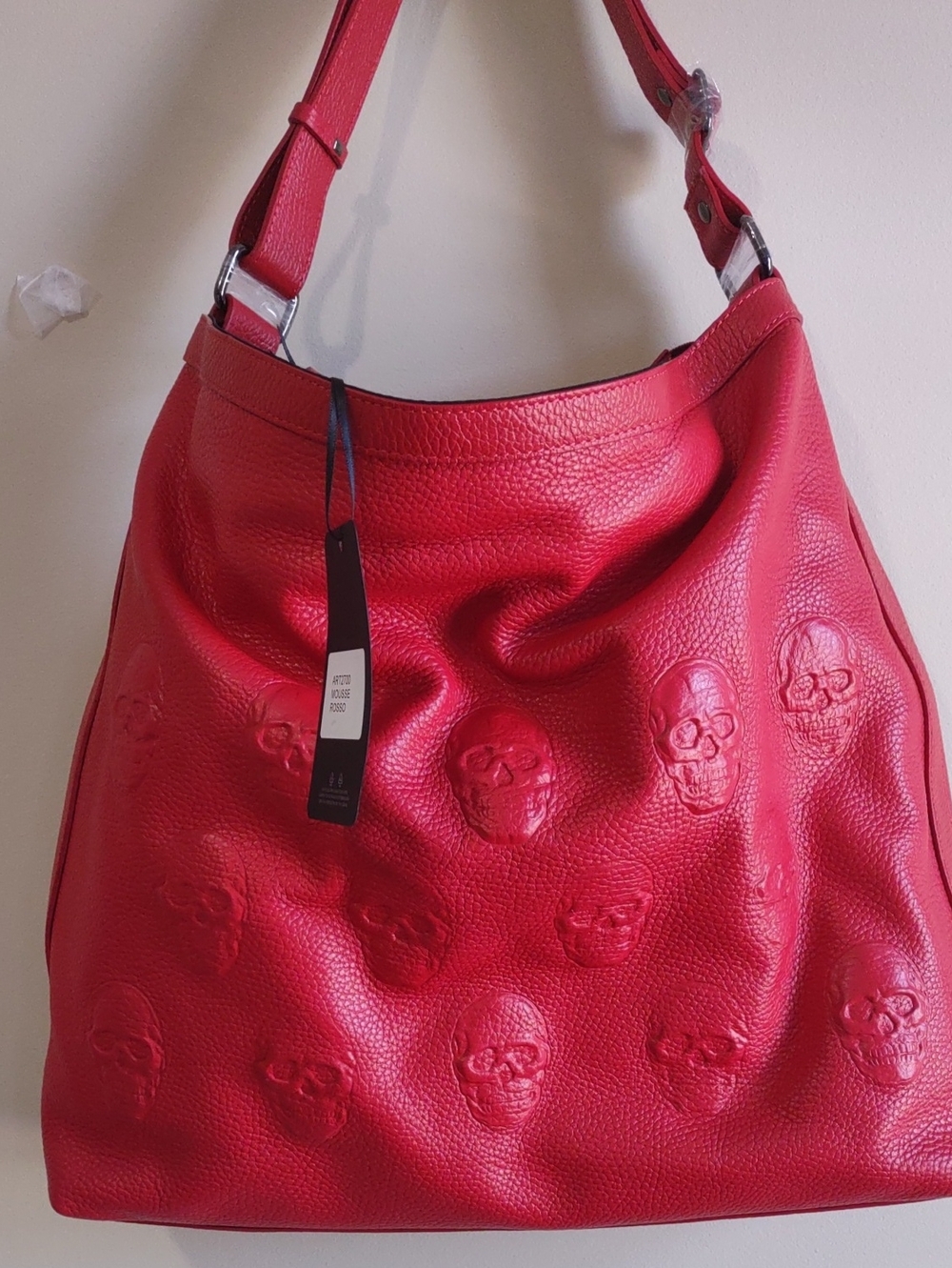 IOPELL Italian Red Leather 3D Embossed Skull Tote Bag. NWTS